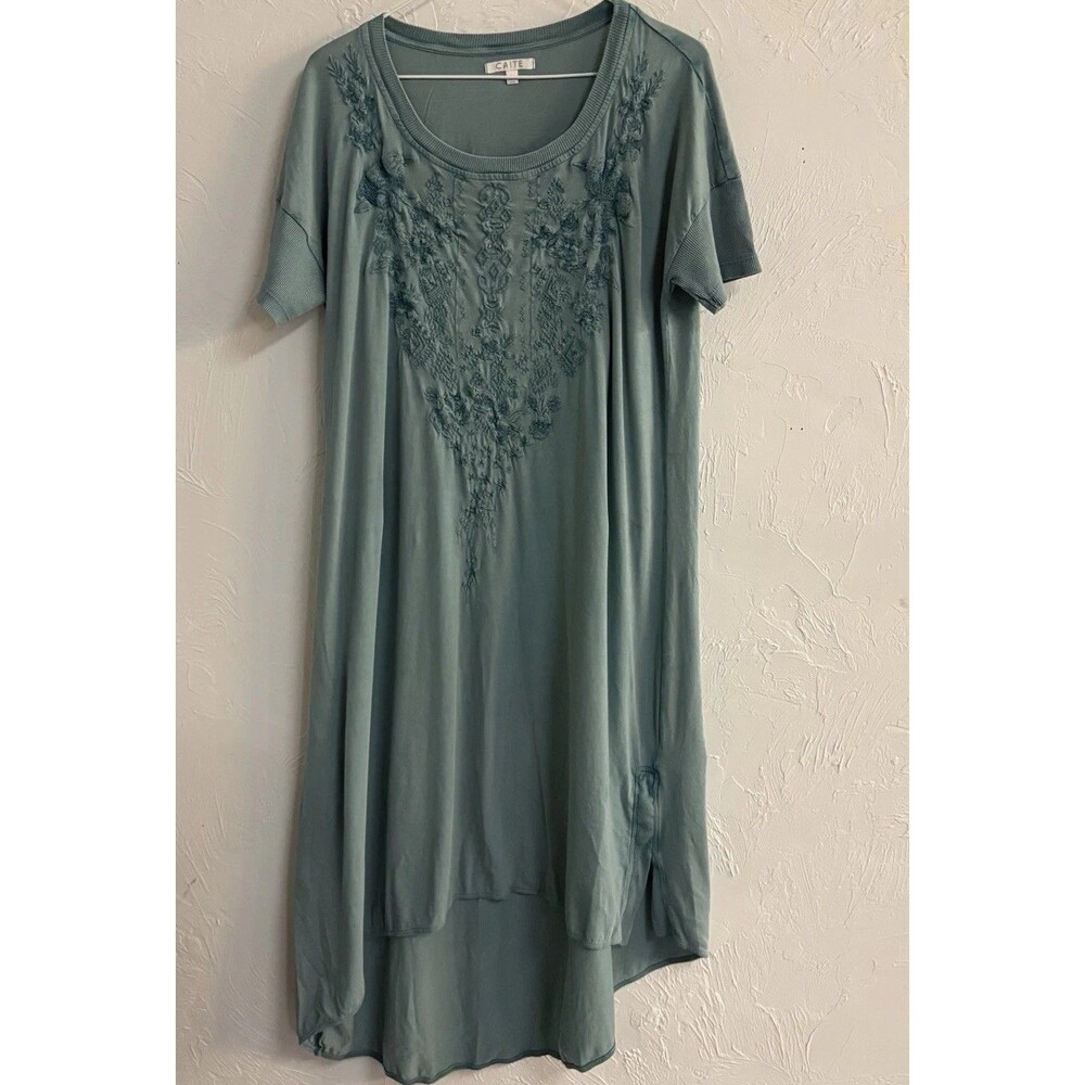 CAITE Blue Gray Solid Embroidered Scoop Neck T-Shirt Dress 100% Cotton L